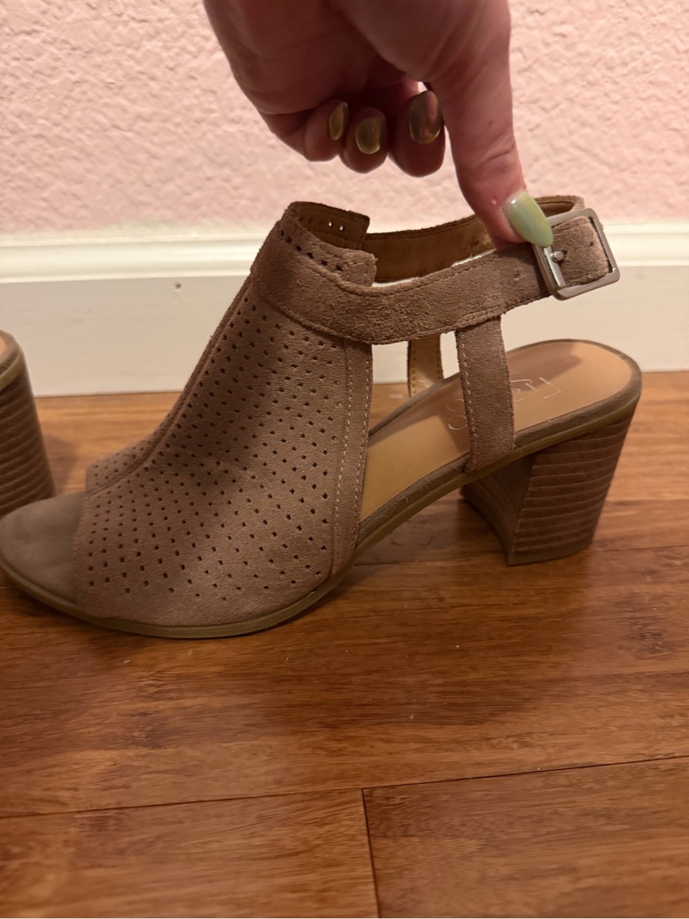 Suede Perforated Heeled Sandal - Taupe